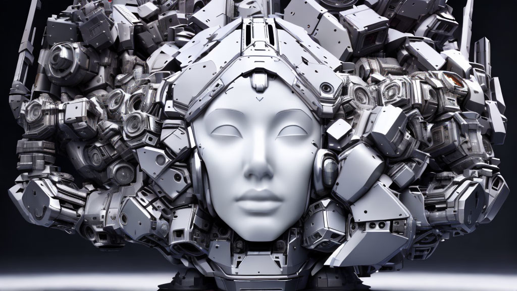 Intricate humanoid face surrounded by mechanical structures