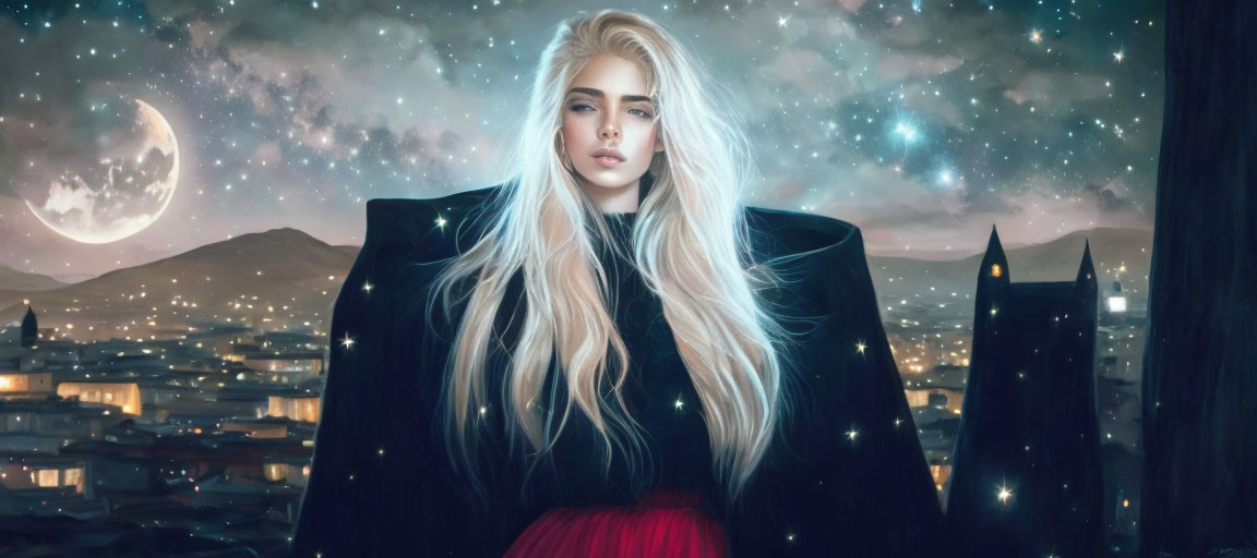 Blonde woman with long hair under crescent moon in night sky.