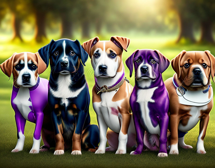 Four Dogs in Colorful Outfits Sitting in Grass Field