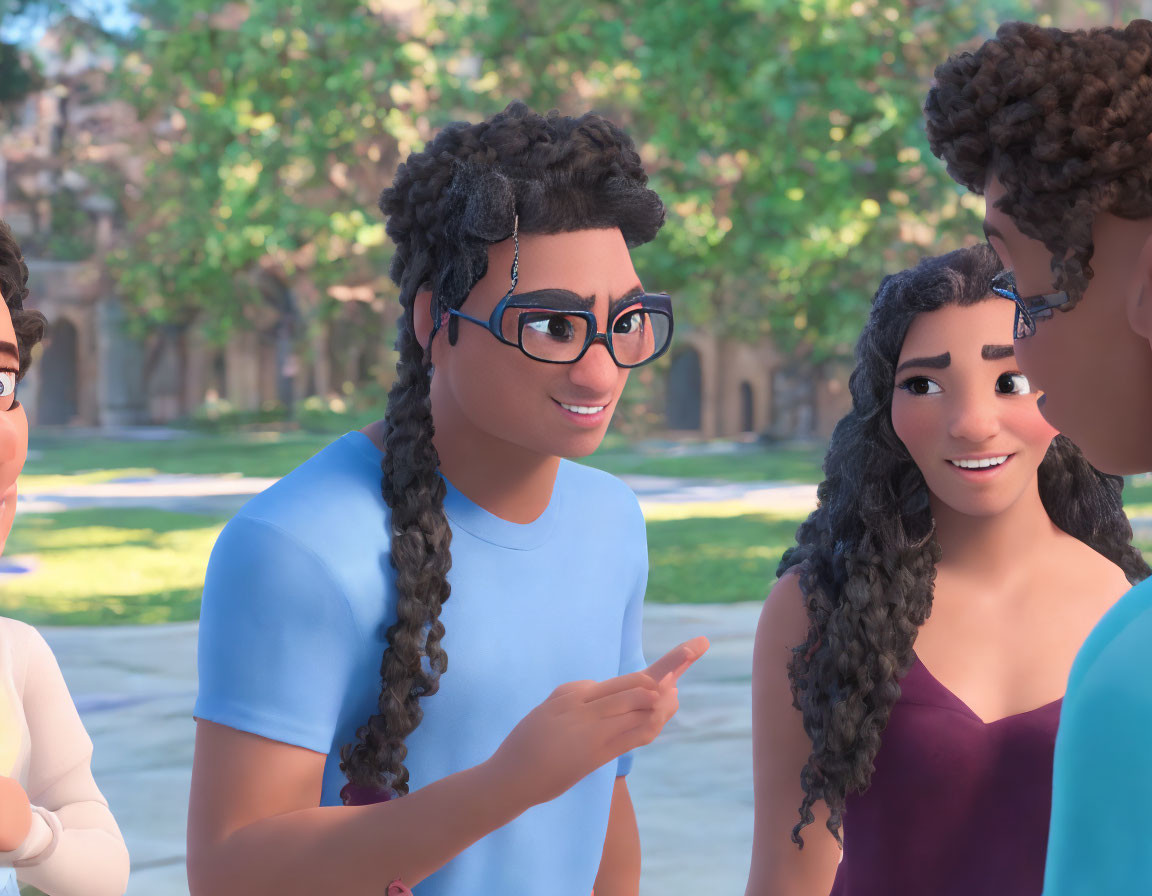 Animated characters having a friendly outdoor conversation, one character smiling with glasses.