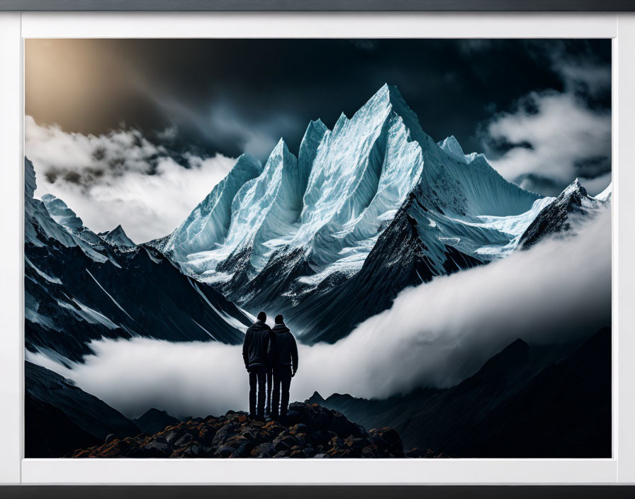 Majestic snow-capped mountain peaks with two people standing.