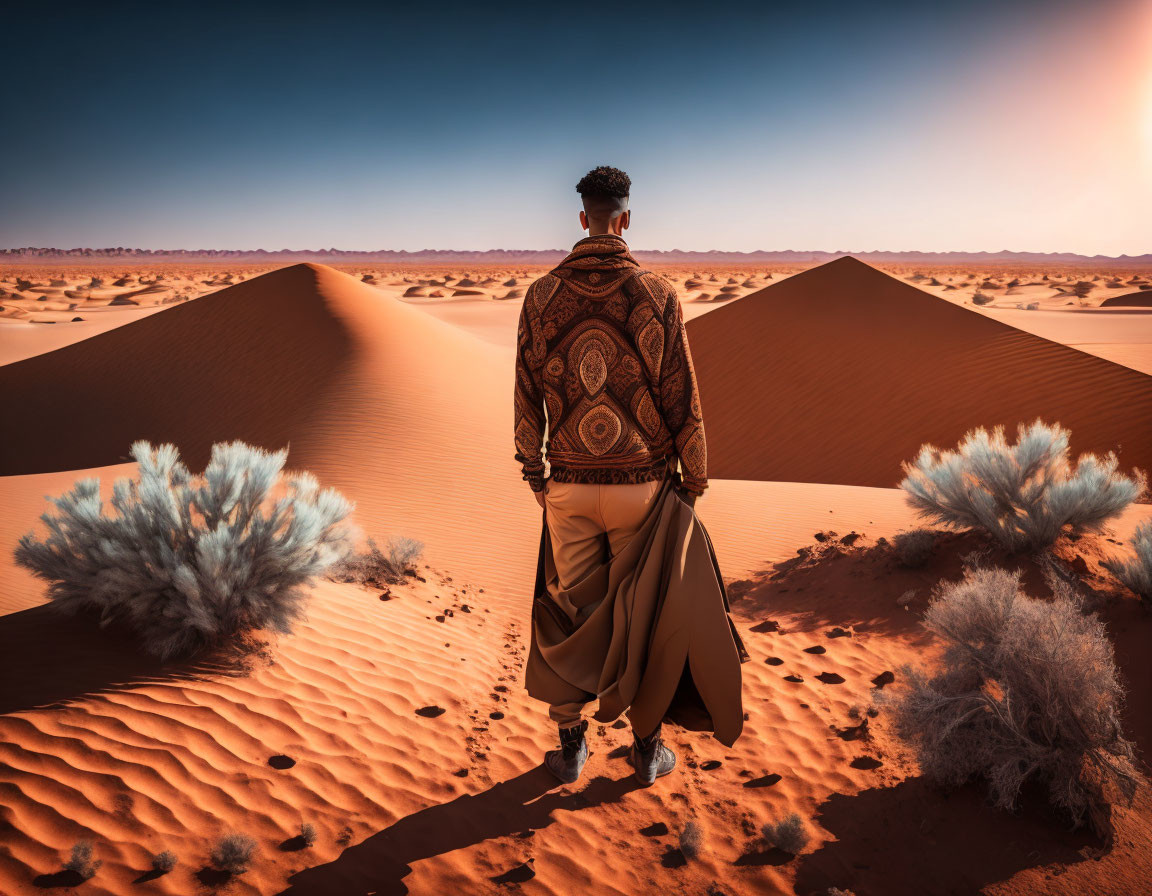 Person standing in desert with sand dunes and sparse vegetation under blue sky