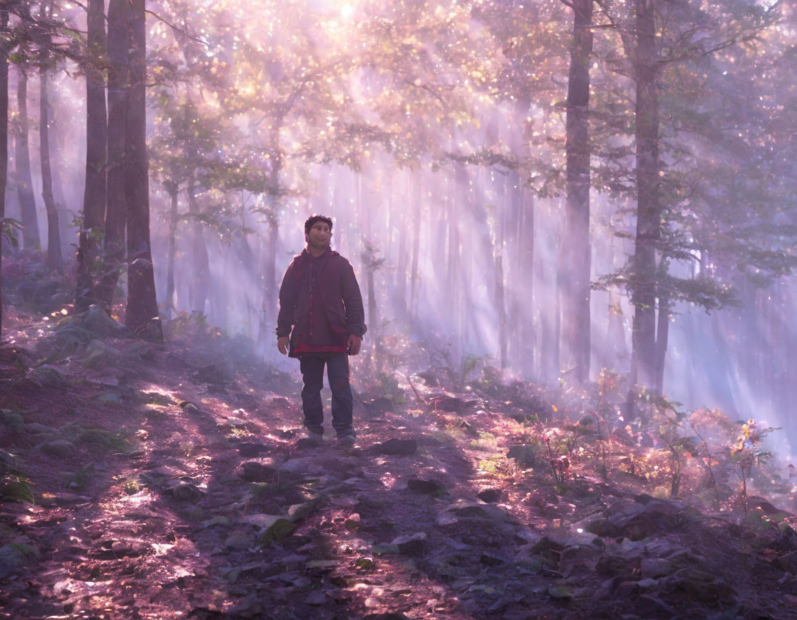 Person standing on misty forest path with sunlight filtering through trees