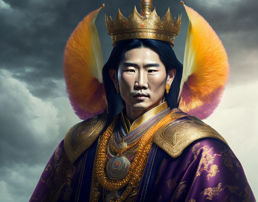 Regal Asian king with golden crown in purple robe under stormy sky