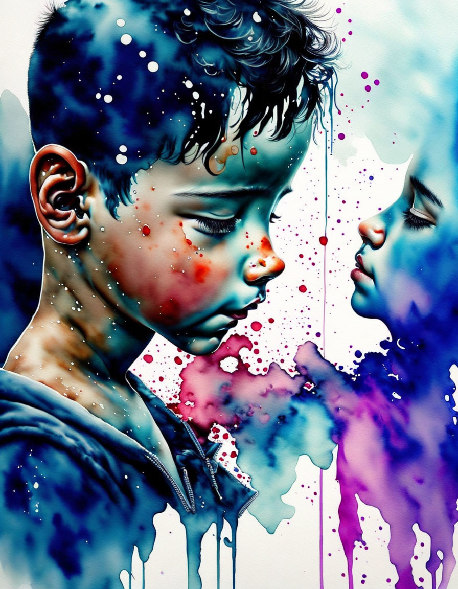 Fragmented boy and girl faces in vibrant watercolor - blue and purple tones