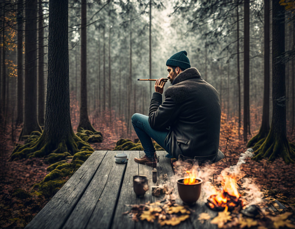 Person sitting by campfire in misty forest playing flute with mug and pot.