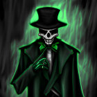 Skull-faced figure in green suit and top hat in spooky forest.