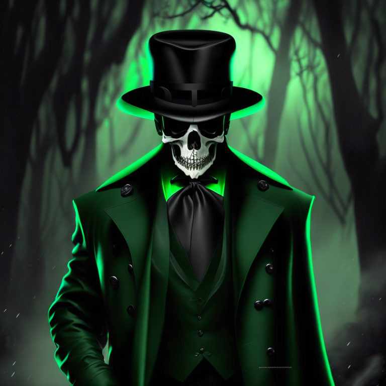 Skull-faced figure in green suit and top hat in spooky forest.