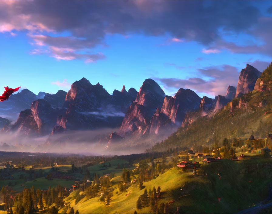 Majestic sunrise landscape with mountains, valley, houses, and red dragon.