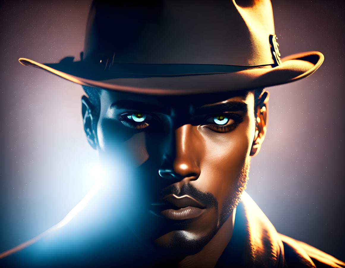 Stylized digital artwork of a mysterious man with blue eyes and fedora hat