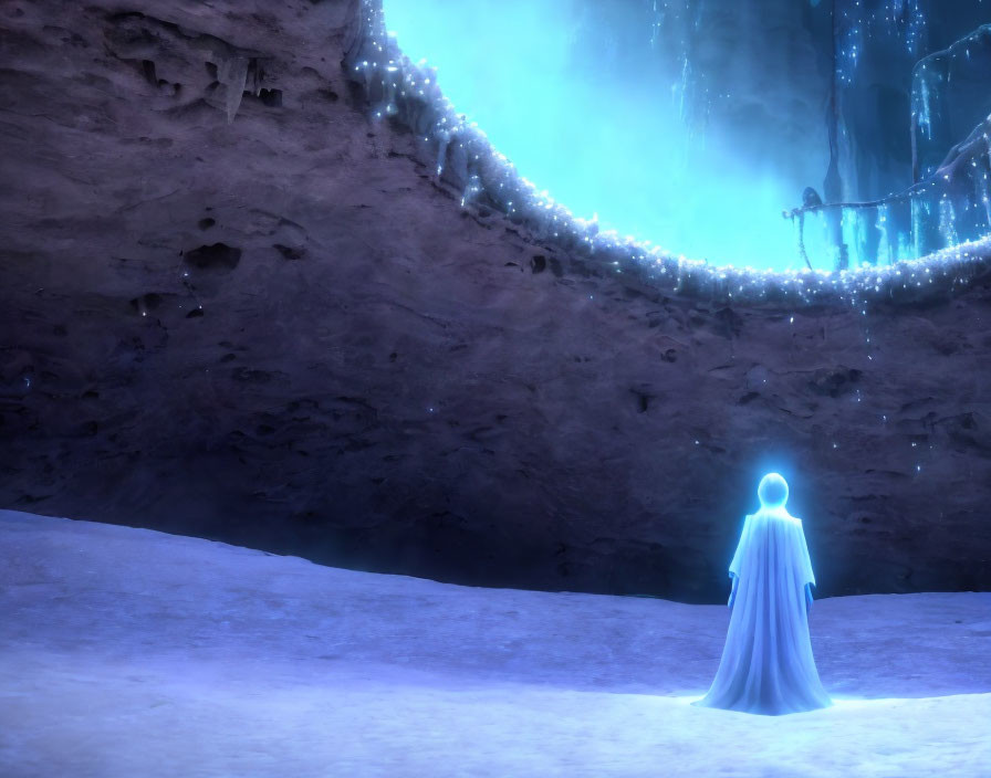 Mystical ice cave with figure in glowing blue cloak