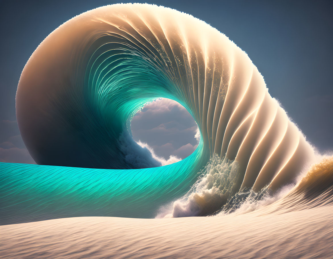 Surreal ocean wave with sunlight casting warm glow