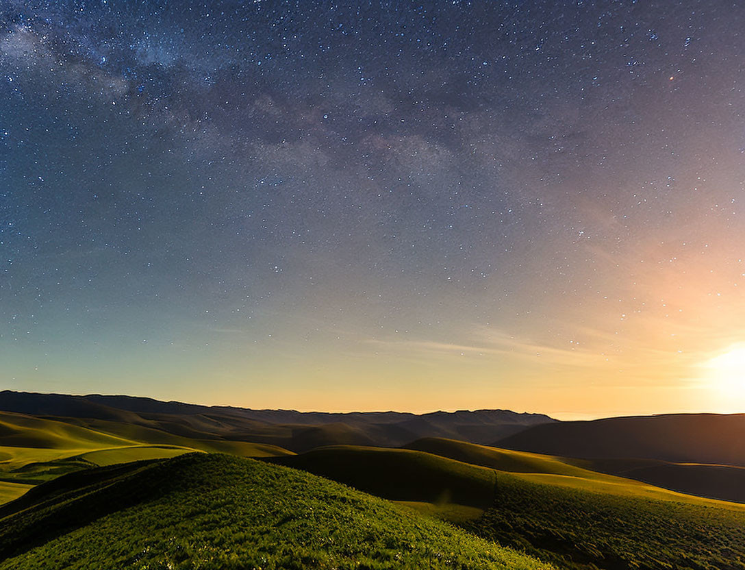 Starry Sky Over Green Hills at Dawn or Twilight