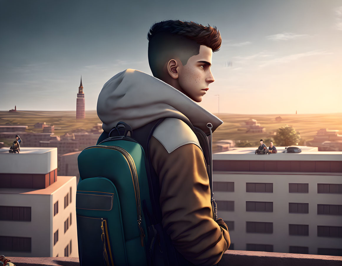 Digital illustration: Young man looking at sunset over cityscape with bikers and warm lighting.