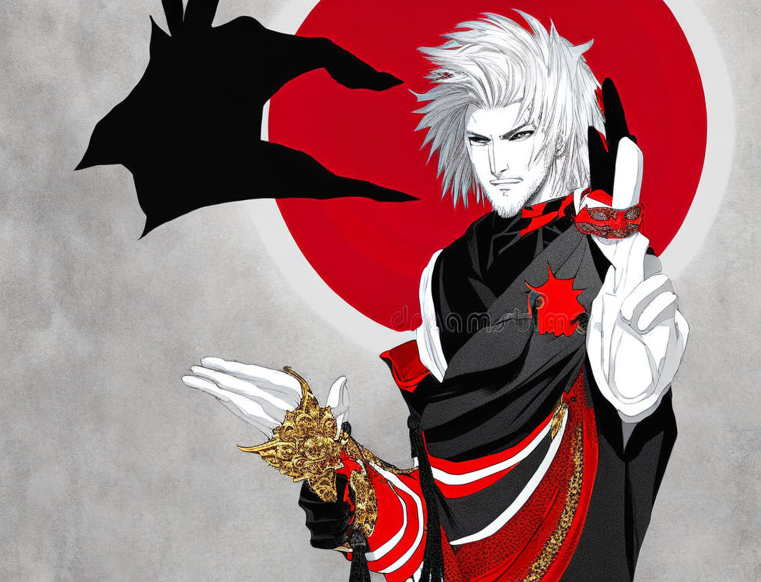 Illustrated character with white hair and red eyes in black and red outfit holding a mask, with styl