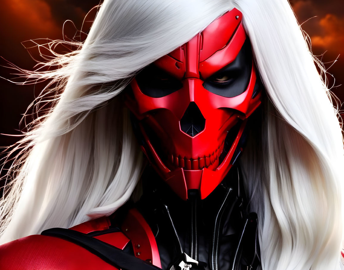 Person in Red Skull Mask with White Hair on Cloudy Sunset Sky