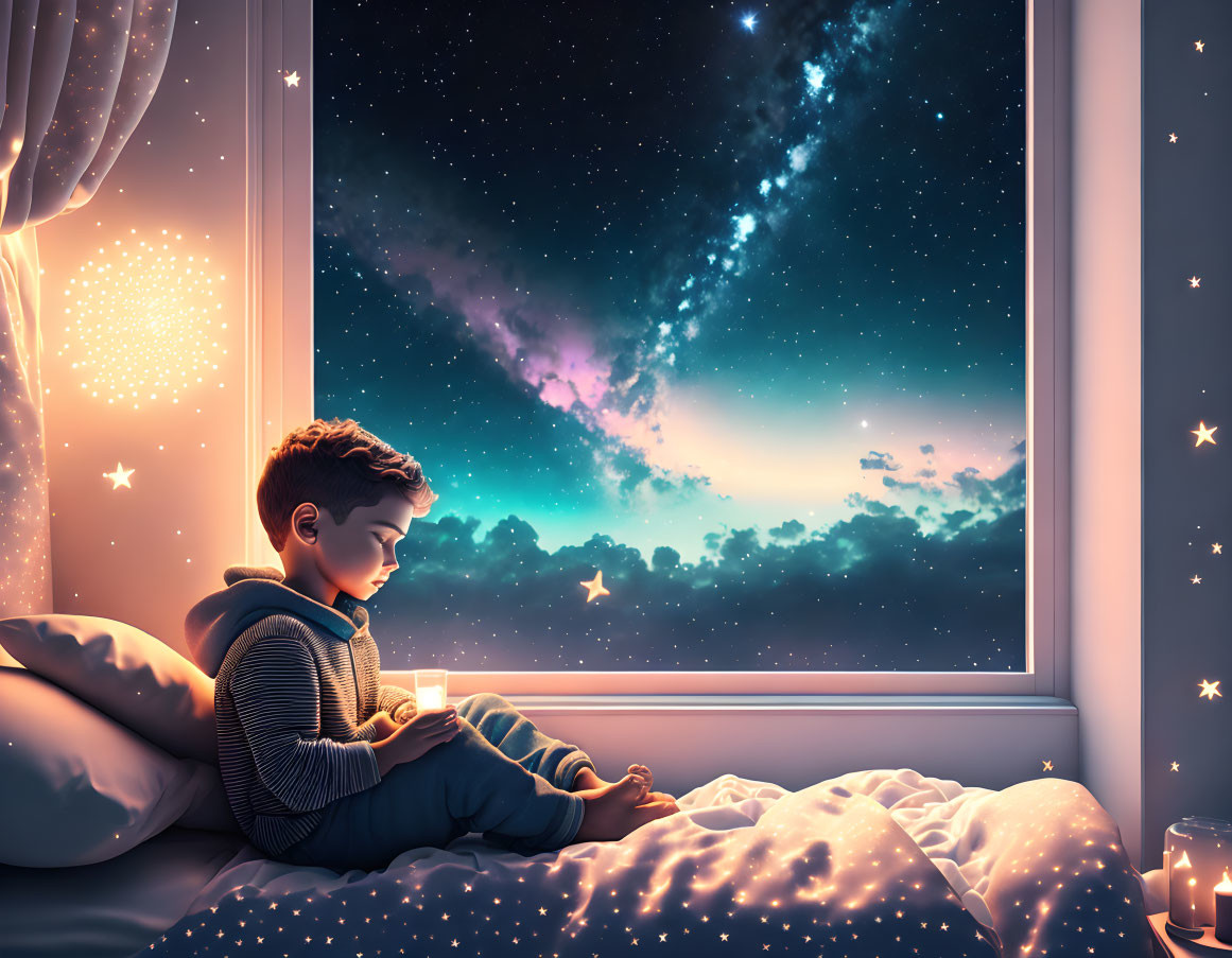 Boy sitting by window with mug, looking at starry night sky in cozy room