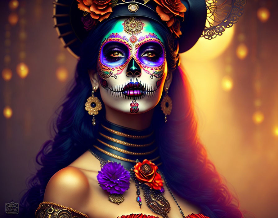 Woman with Dia de los Muertos sugar skull makeup and floral accessories