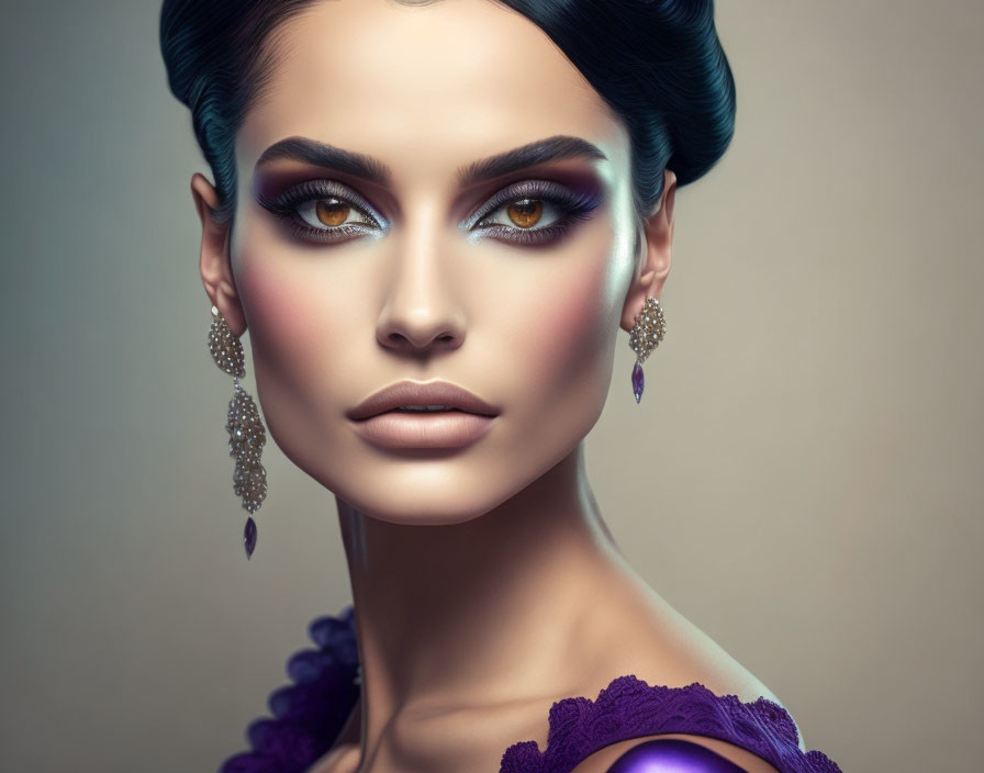 Striking Purple Eyeshadow and Elegant Chandelier Earrings