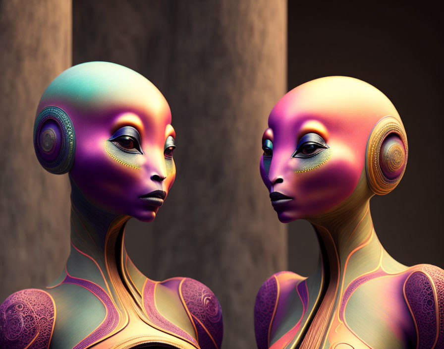 Iridescent humanoid figures with spiral patterns in contemplative interaction