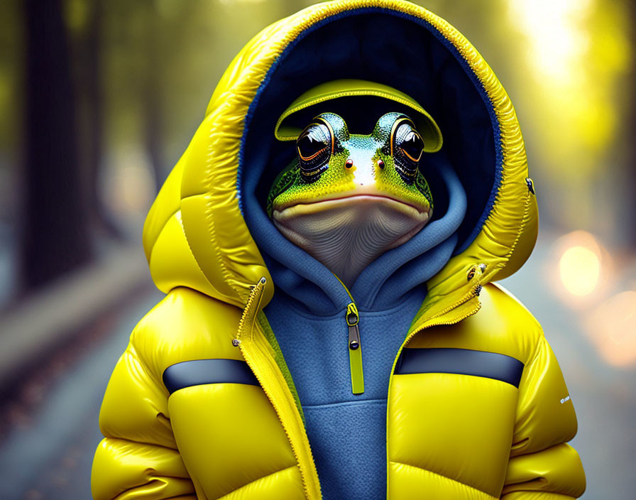 Frog with human-like features in yellow jacket against autumn backdrop