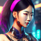 Futuristic digital artwork of woman with glowing glasses and neon accessories