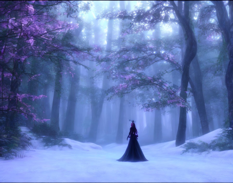 Mysterious figure in black cloak in ethereal forest with pink blossoms