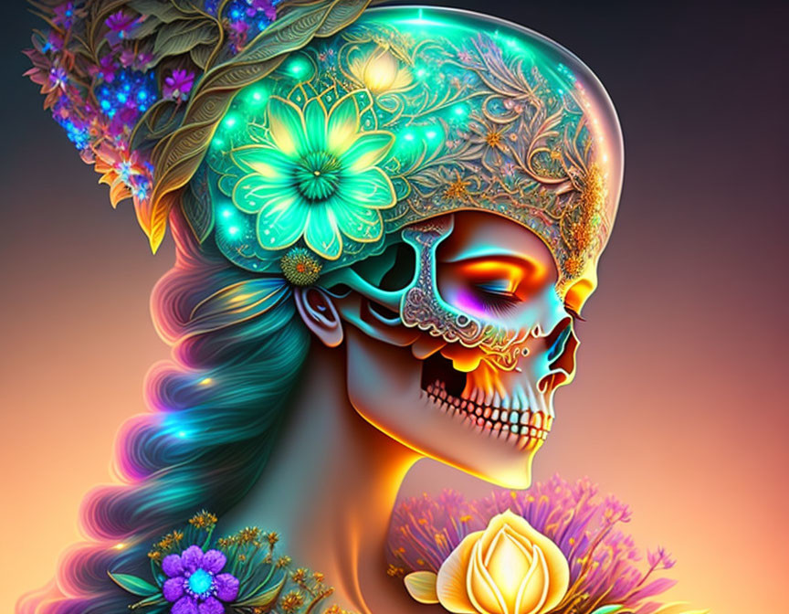 Colorful Skull Illustration with Floral Patterns and Decorations