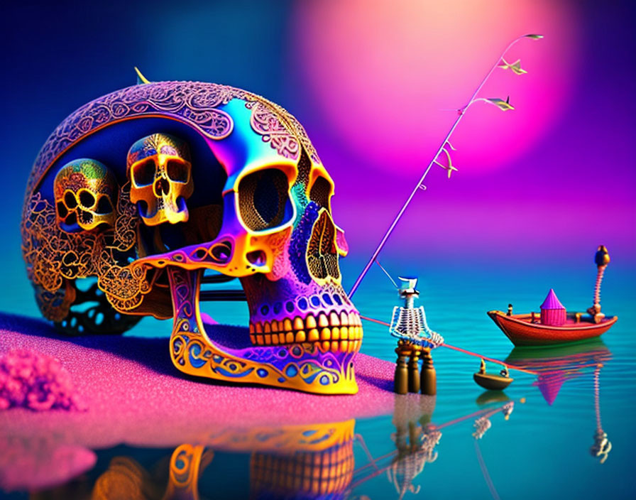 Colorful Decorated Skull and Miniature Figure Fishing Scene