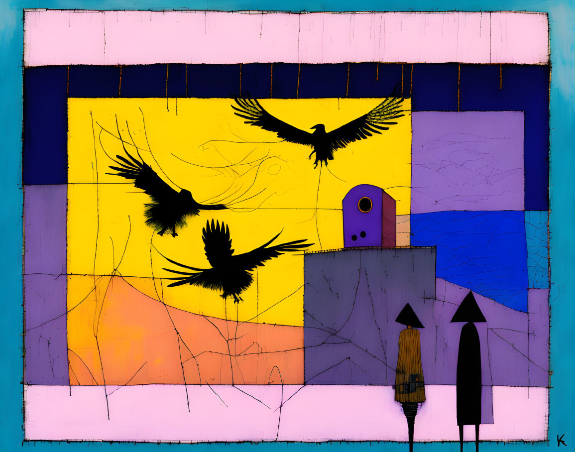 Colorful Abstract Art: Birds, Human Figures, Door, Vibrant Patchwork