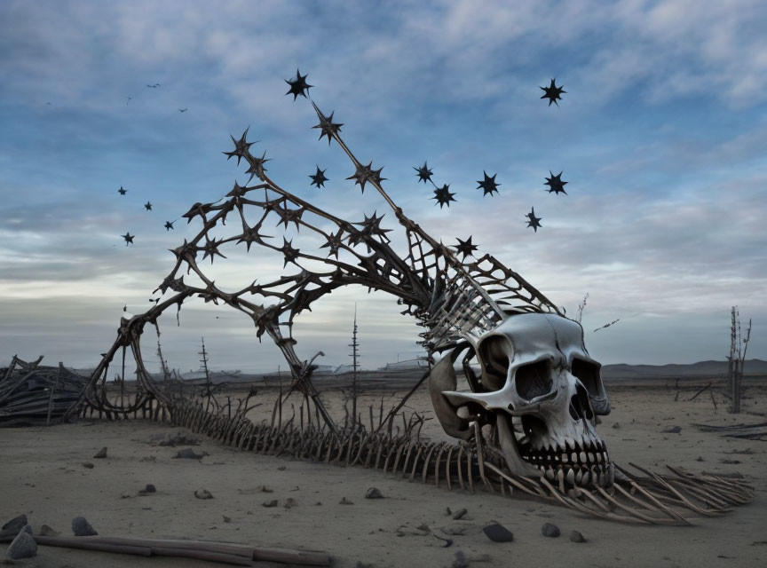 Surreal artwork featuring giant skull and starry spine in desolate landscape