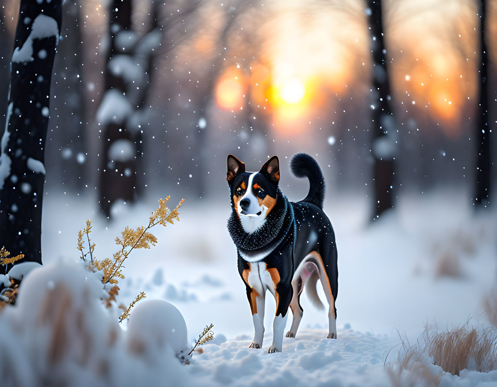 Black and Tan Dog in Snowy Winter Forest