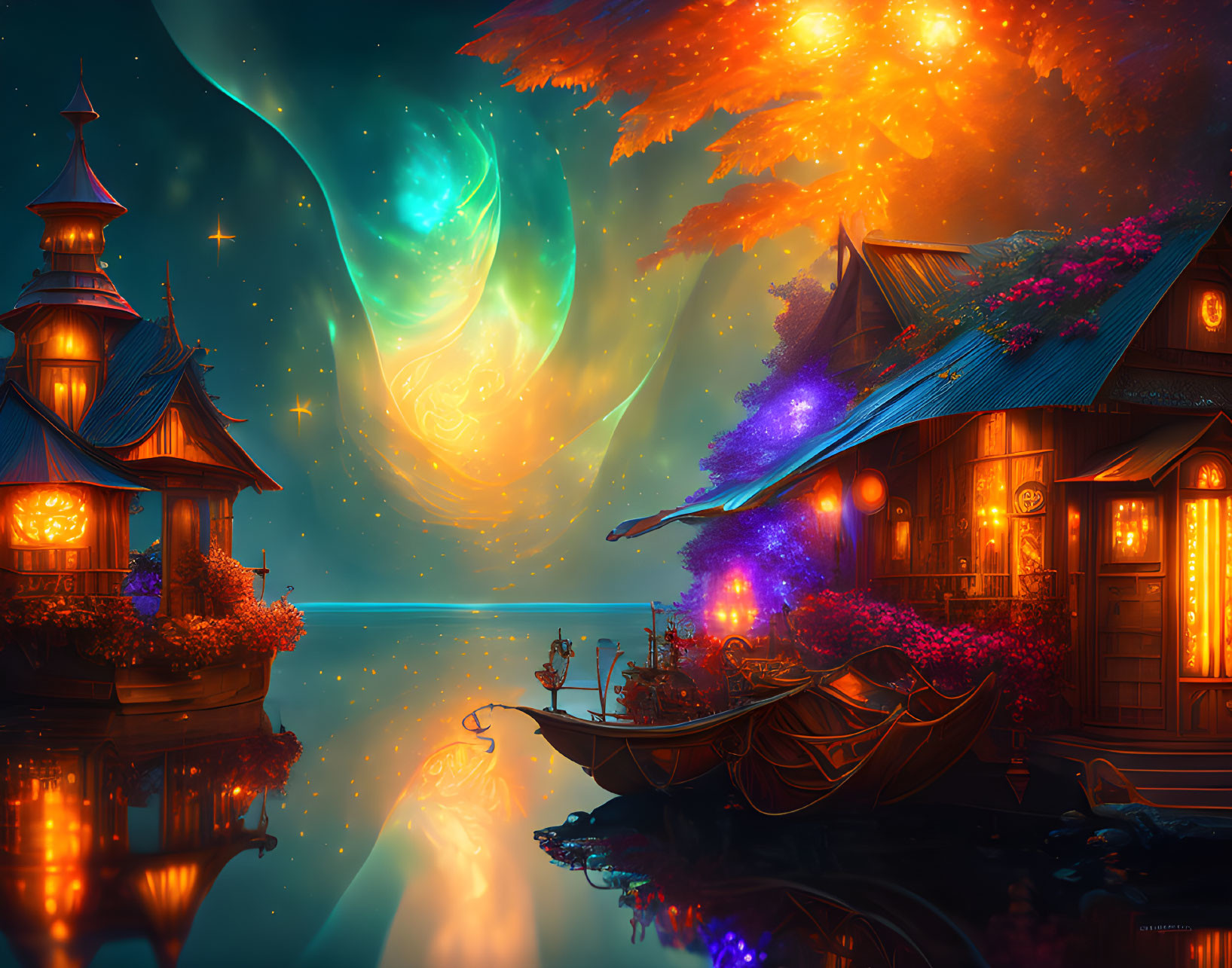 Traditional houses by a still lake under a cosmic sky with auroras and falling leaves