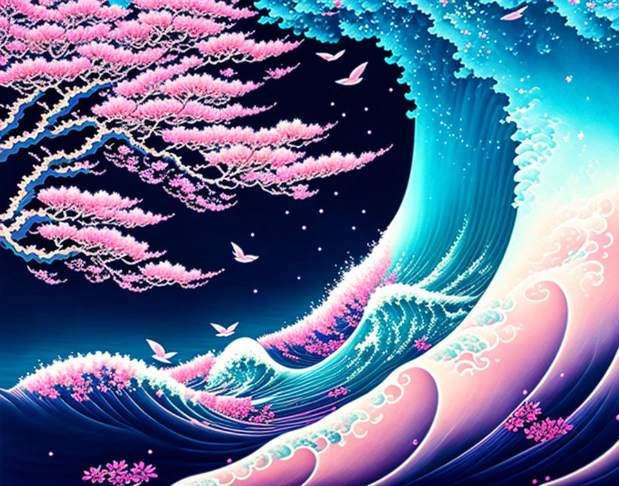 Colorful digital artwork: Wave with floral patterns and cherry blossom tree