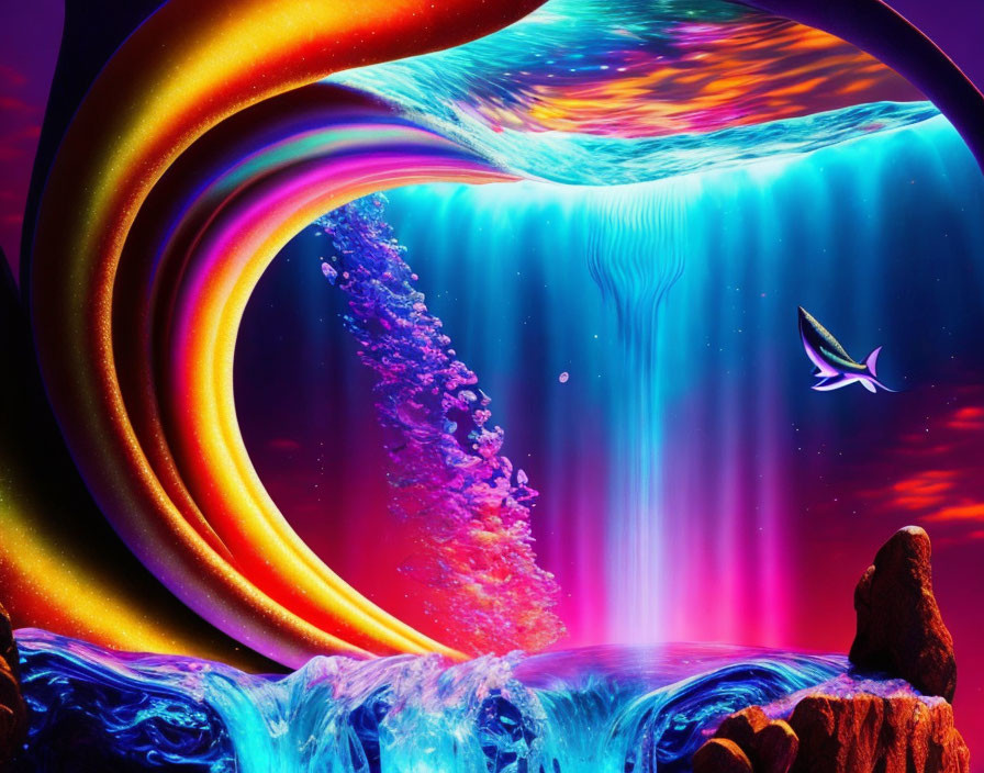 Colorful surreal digital artwork: rainbow vortex, neon waterfalls, hummingbird, water textures