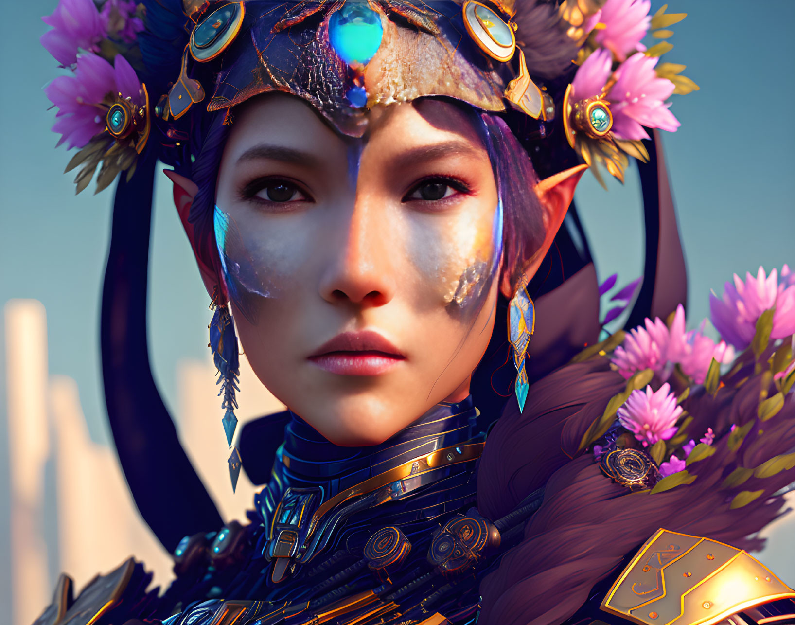 Character in Blue and Gold Armor with Floral Accents on Pink Background