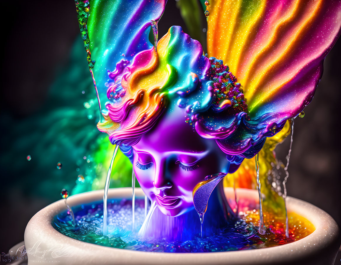 Colorful surreal portrait: Face with flowing hair like water fountain