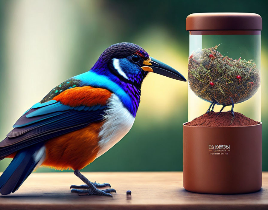 Colorful Bird Beside Sealed Glass Container with Miniature Red Plants