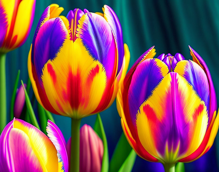 Colorful Tulips in Purple, Yellow, and Pink on Dark Green Background