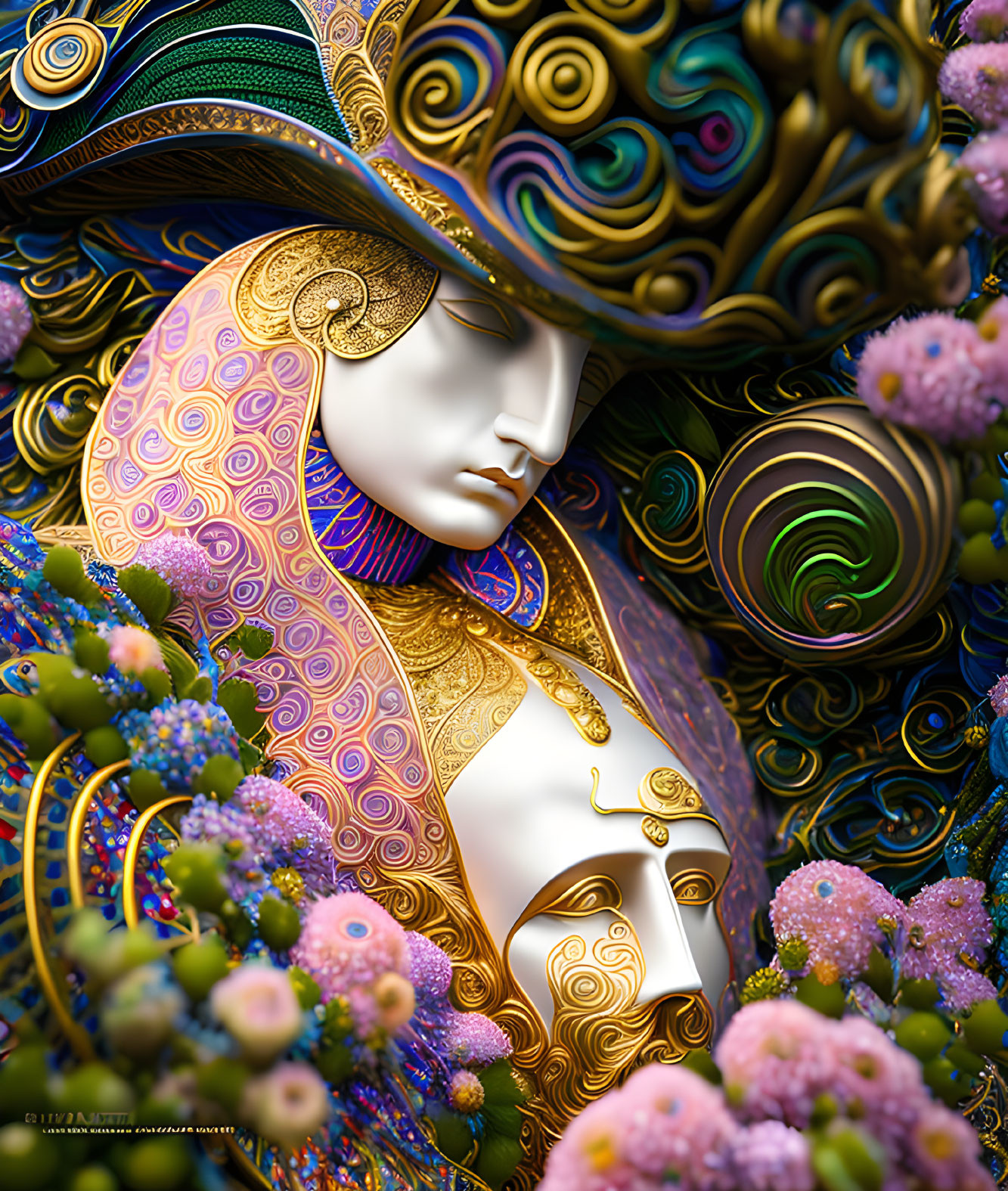 Stylized digital artwork of figure with golden mask and floral patterns