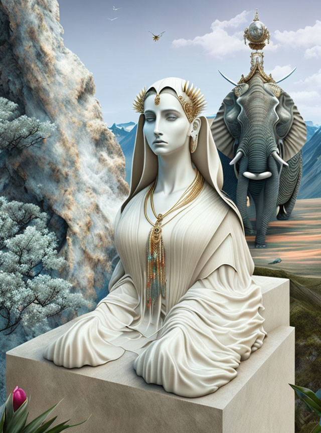 Stylized woman in flowing robes with mountain landscape and ornate animals