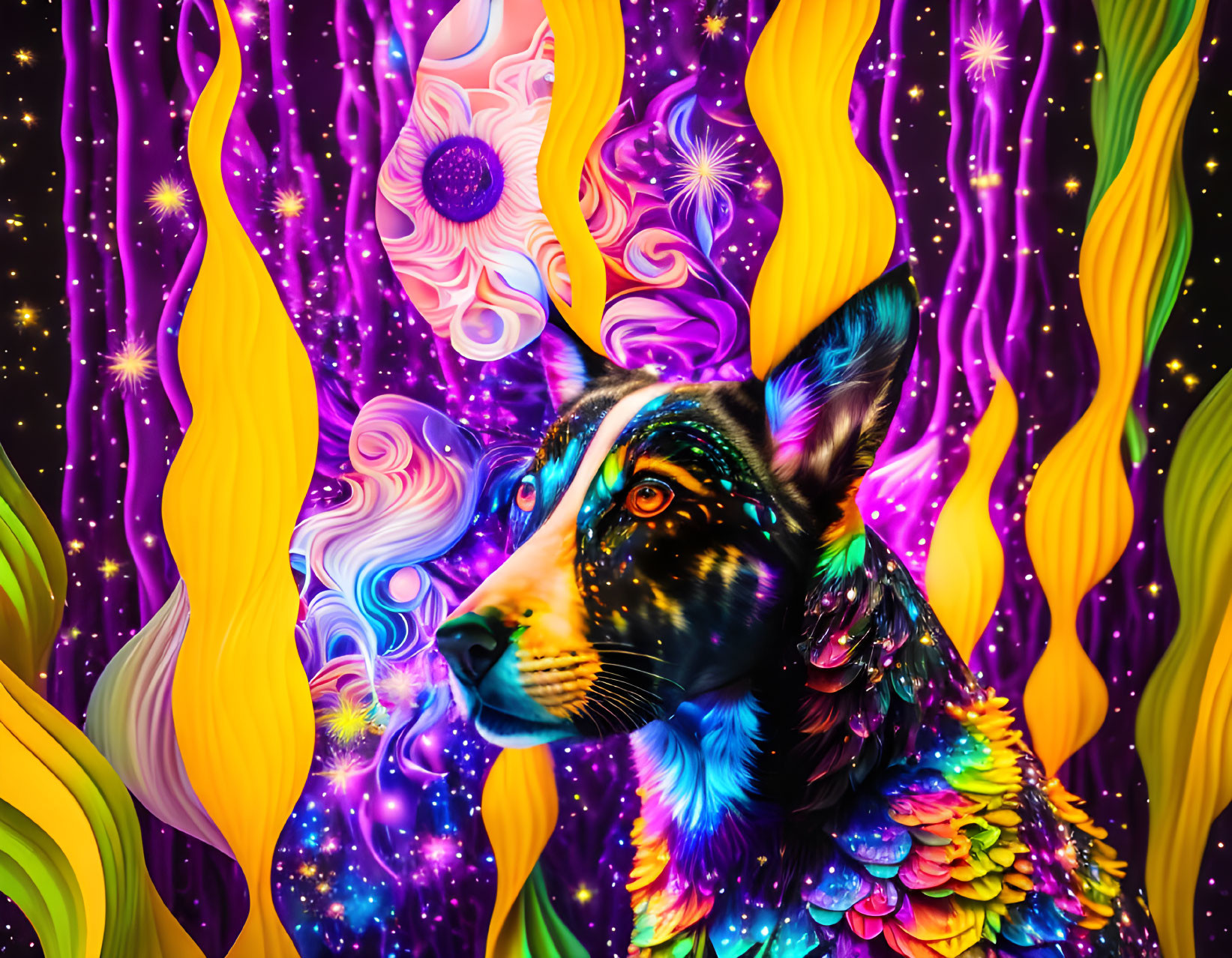 Colorful cosmic dog digital art on psychedelic background