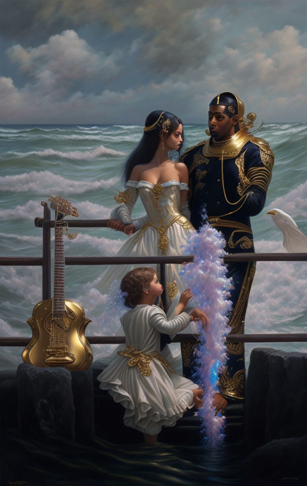 Royal family on stormy ship deck with magical blue light and golden guitar.