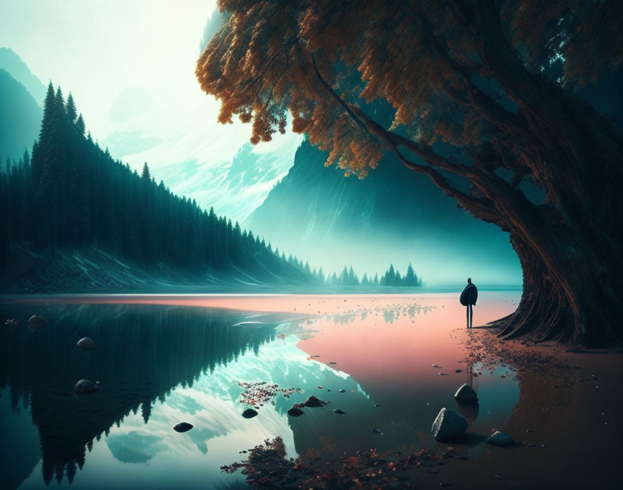 Solitary figure by serene lake in surreal landscape