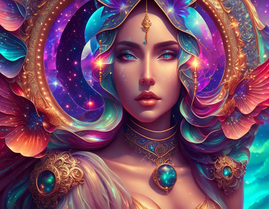 Fantastical portrait of a woman with cosmic-themed makeup and jewelry