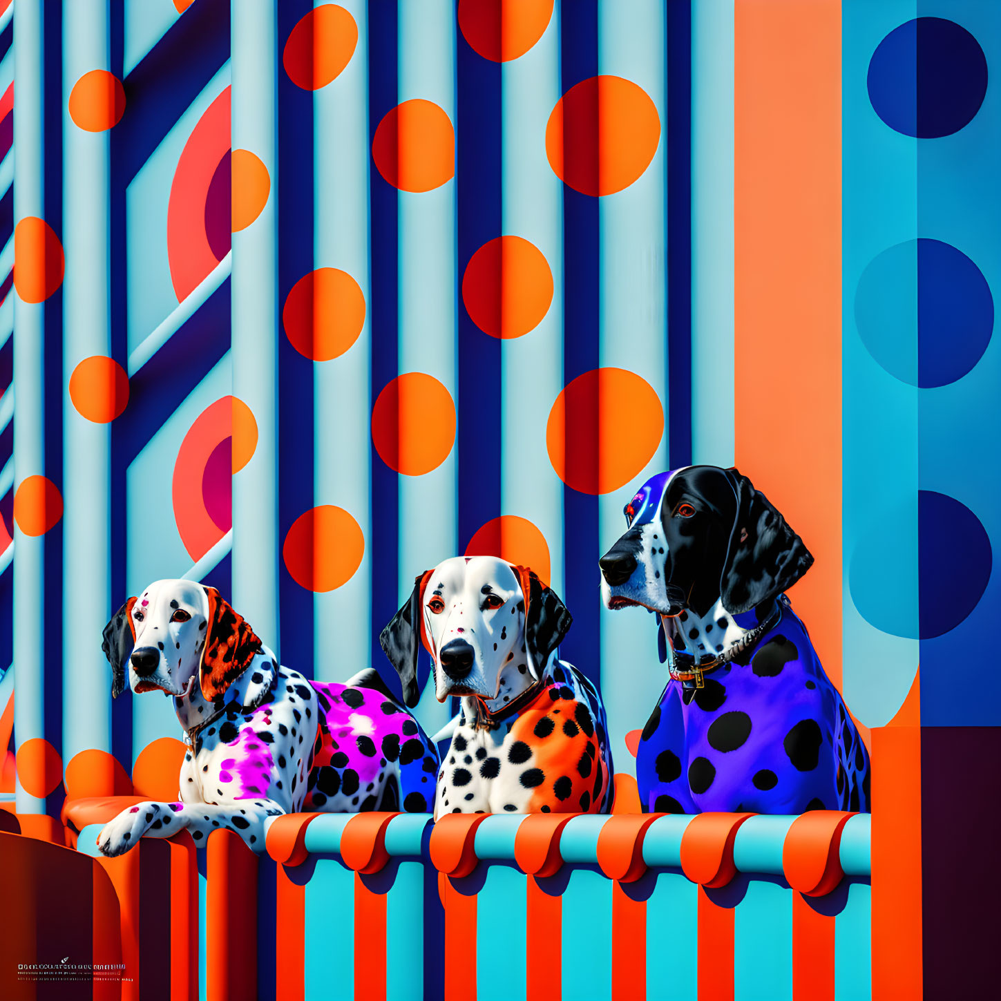 Three Dalmatians with colorful spots on patterned background