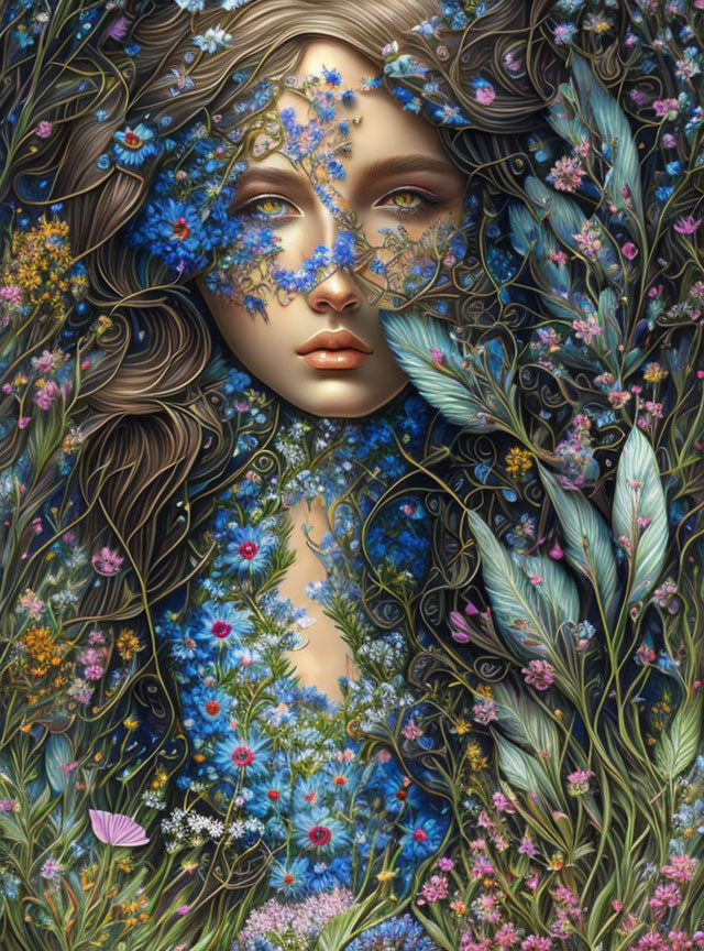 Detailed Illustration: Woman surrounded by vibrant flowers and plants, wearing a mask of blue blooms