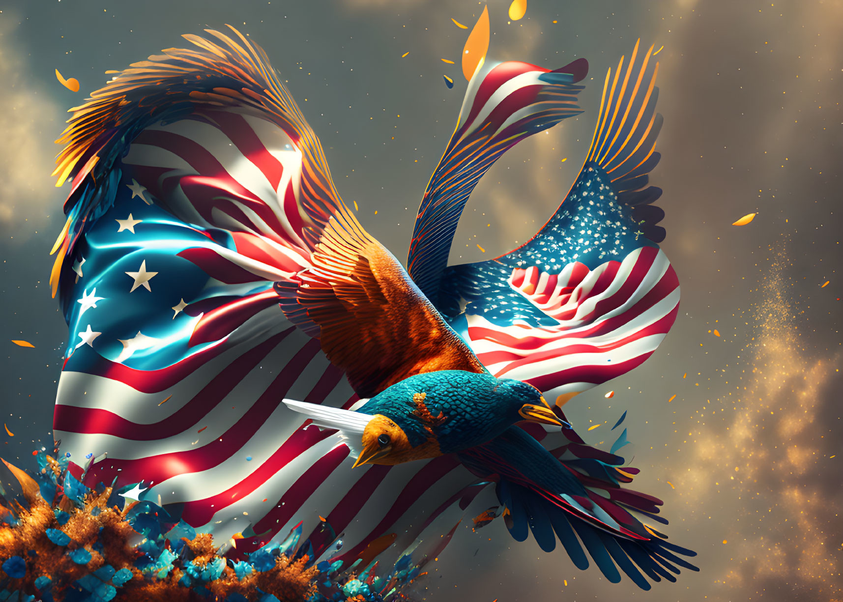 American flag-themed eagle flying in sparkly sky