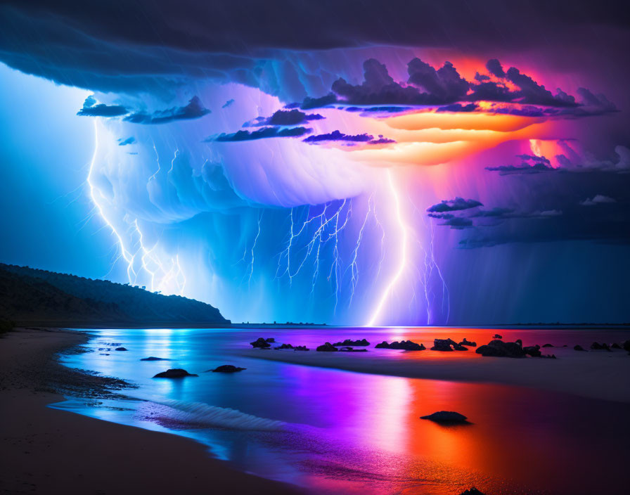 Colorful lightning storm over beach at sunset.