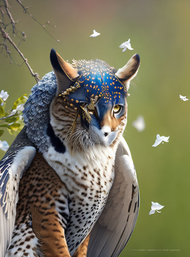 Bird-bodied Lynx with Golden Accents in Flowering Branches